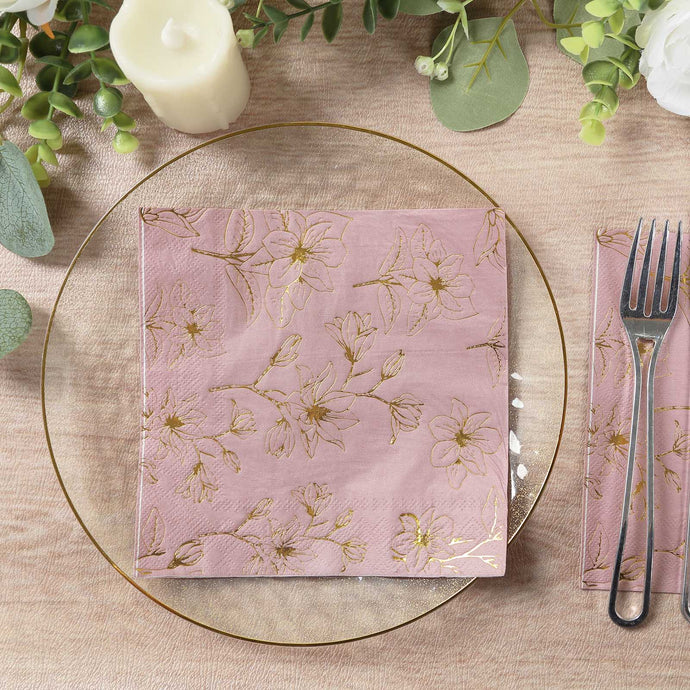 50-Pack Paper Cocktail Napkins with Gold Magnolia Flowers Print Dusty Rose - Highly 2 Ply Absorbent Soft Napkins for Beverages Napkins HIER_4510