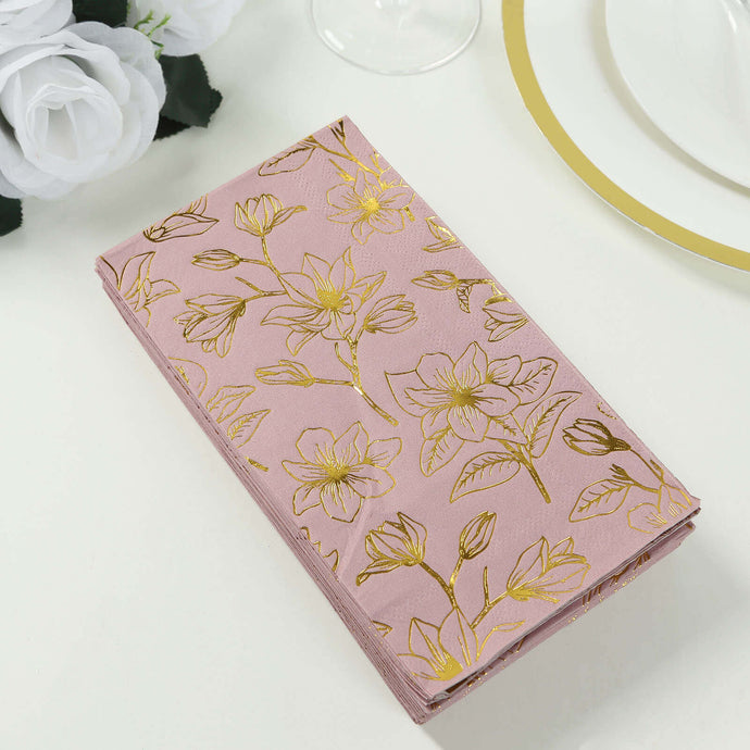 50-Pack Paper Dinner Napkins Dusty Rose with Gold Magnolia Flowers Print 2-Ply - Disposable Soft Napkins for Parties Napkins HIER_4510