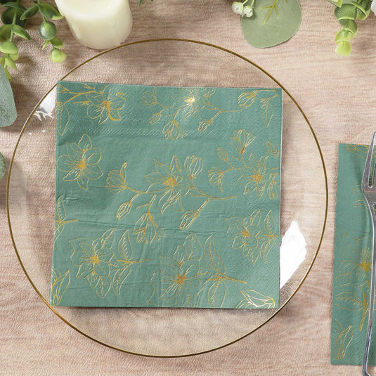 50-Pack Paper Cocktail Napkins with Gold Magnolia Flowers Print Dusty Sage Green - Highly 2 Ply Absorbent Soft Napkins for Beverages Napkins HIER_4510