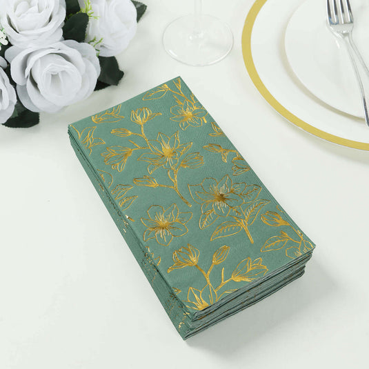 50-Pack Paper Dinner Napkins Dusty Sage Green with Gold Magnolia Flowers Print 2-Ply - Disposable Soft Napkins for Parties Napkins HIER_4510