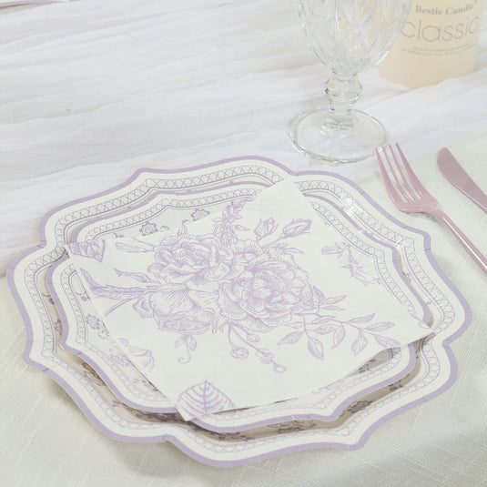 50 Pack Lavender 2-Ply Paper Beverage Napkins in Matte Pink and White French Toile Floral Pattern, Highly Absorbent Soft Disposable Cocktail Napkins Napkins HIER_4510