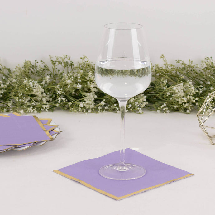 50-Pack Paper Beverage Napkins with Gold Foil Edge Lavender - Disposable 2 Ply Cocktail Napkins for Events 6.5