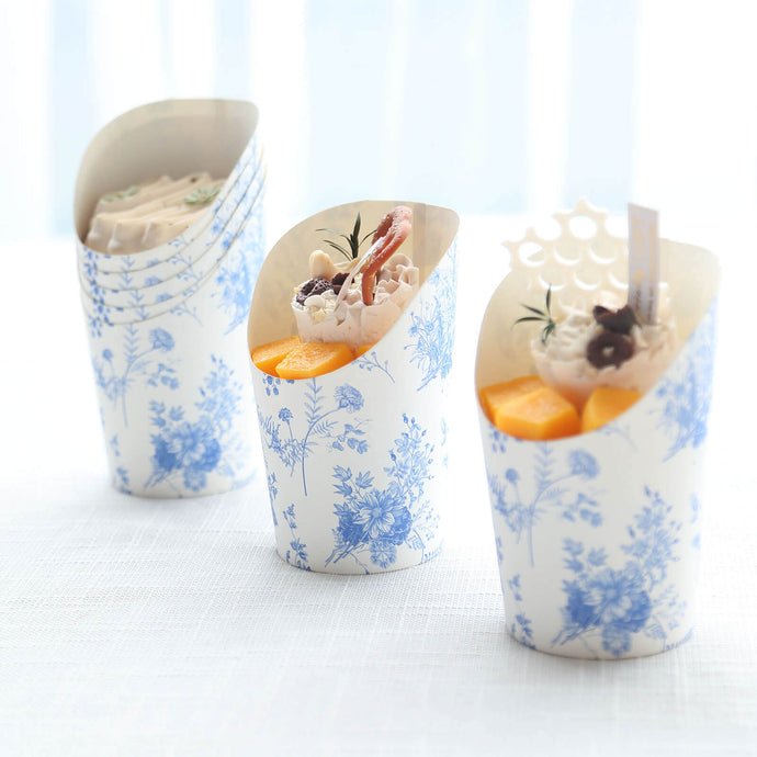 50-Pack Paper Popcorn Box Cone Cups French Toile Floral Pattern White Blue - Perfect for Snacks 14oz