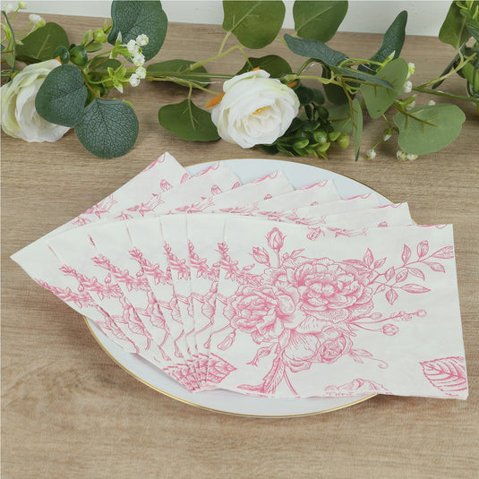 50 Pack Pink 2-Ply Paper Beverage Napkins in Matte Pink and White French Toile Floral Pattern, Highly Absorbent Soft Disposable Cocktail Napkins Napkins HIER_4510