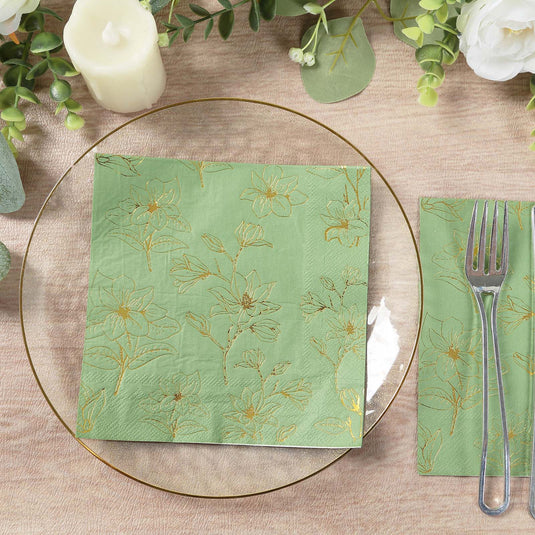 50-Pack Paper Cocktail Napkins with Gold Magnolia Flowers Print Sage Green - Highly 2 Ply Absorbent Soft Napkins for Beverages Napkins HIER_4510