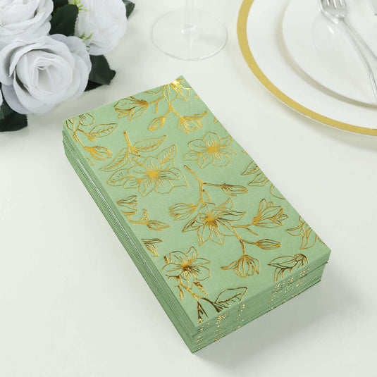 50-Pack Paper Dinner Napkins Sage Green with Gold Magnolia Flowers Print 2-Ply - Disposable Soft Napkins for Parties Napkins HIER_4510