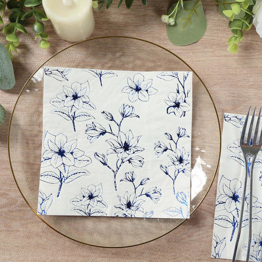 50-Pack Paper Cocktail Napkins with Blue Magnolia Flowers Print White - Highly 2 Ply Absorbent Soft Napkins for Beverages Napkins HIER_4510