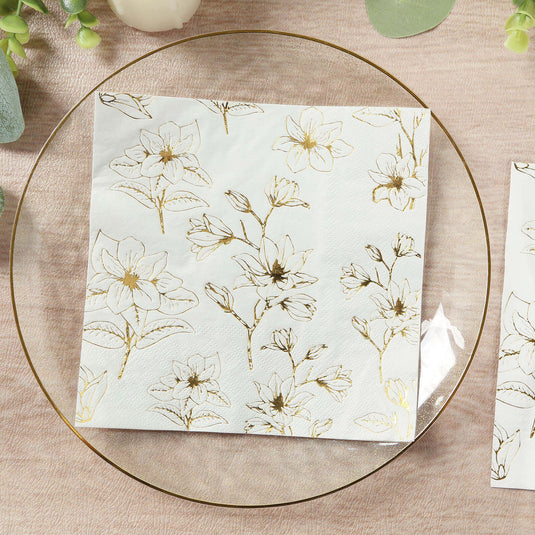 50-Pack Paper Cocktail Napkins with Gold Magnolia Flowers Print White - Highly 2 Ply Absorbent Soft Napkins for Beverages Napkins HIER_4510