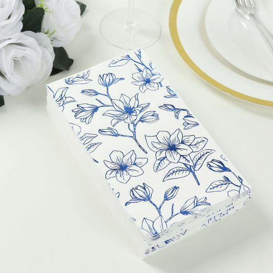 50-Pack Paper Dinner Napkins White with Blue Magnolia Flowers Print 2-Ply - Disposable Soft Napkins for Parties Napkins HIER_4510