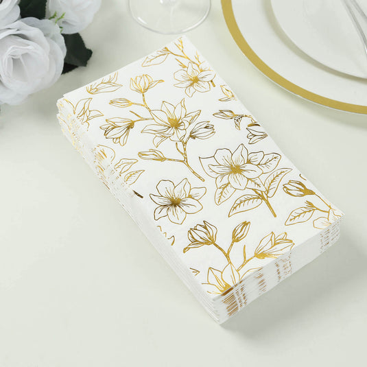 50-Pack Paper Dinner Napkins White with Gold Magnolia Flowers Print 2-Ply - Disposable Soft Napkins for Parties Napkins HIER_4510