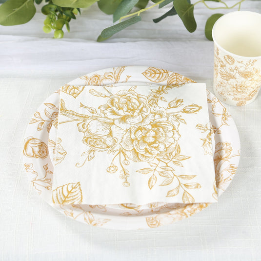 50-Pack Paper Cocktail Napkins with French Toile Floral Pattern White/Gold - Soft 2 Ply Beverage Napkins for Events Napkins HIER_4510