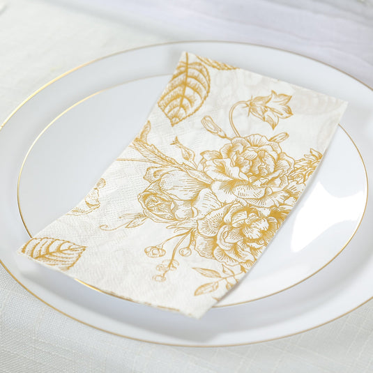 50-Pack Paper Dinner Napkins White with Gold French Toile Floral Pattern 2-Ply - Stylish Disposable Napkins for Events Napkins HIER_4510