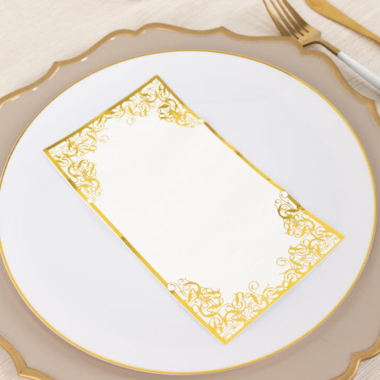 50-Pack Paper Dinner Napkins White with Gold Foil Lace Design 2 Ply - European Style Napkins for Parties 8"x4" Napkins HIER_4510