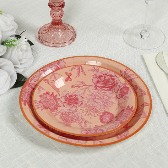 50-Pack Paper Round Dessert and Dinner Plates in Dusty Rose Spring Floral Print with Gold Rim - Heavy Duty Disposable Party Plates Set for Classy Table Decor 7", 9" Disposables HIER_4130