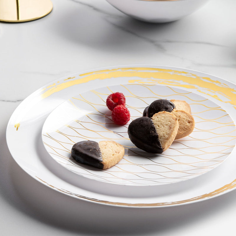 Load image into Gallery viewer, Whisk Collection Plastic Dinner Plates White &amp; Gold 10.25&quot; Tablesettings Decorline
