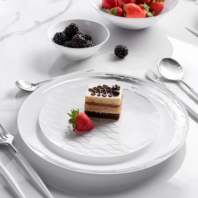 Load image into Gallery viewer, Whisk Collection Plastic Dinner Plates White &amp; Silver 10.25&quot; Tablesettings Decorline
