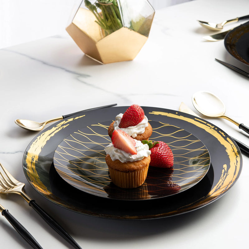 Load image into Gallery viewer, Whisk Collection Plastic Dinner Plates Black &amp; Gold 10.25&quot; Tablesettings Decorline
