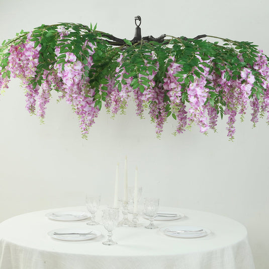 55" Artificial Silk Wisteria Vine Round Hanging Canopy in Lavender Lilac, Draping Garland Flower Chandelier With Interchangeable Branches Silk Flowers HIER_6120