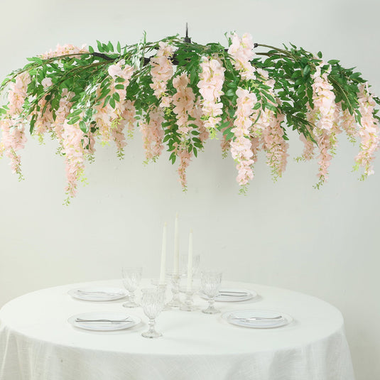 55" Blush Artificial Silk Wisteria Vine Round Hanging Canopy, Draping Garland Flower Chandelier With Interchangeable Branches Silk Flowers HIER_6120