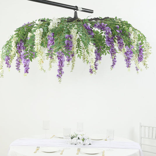 55" Cream Purple Artificial Silk Wisteria Vine Round Hanging Canopy, Draping Garland Flower Chandelier With Interchangeable Branches Silk Flowers HIER_6120