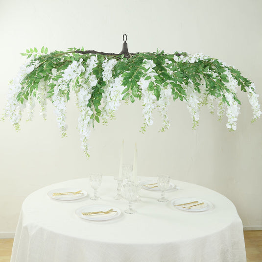 55" White Artificial Silk Wisteria Vine Round Hanging Canopy, Draping Garland Flower Chandelier With Interchangeable Branches Flower Garlands HIER_6120