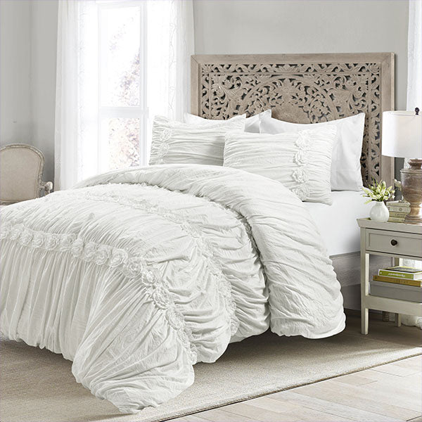 White Ruched Comforter with Flower Detail 3 Piece Set, Pick Your Size General THF