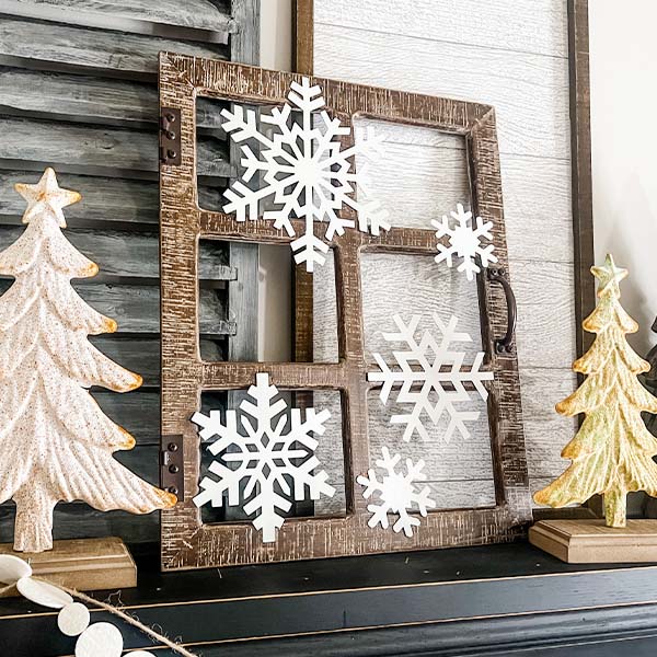 Snowflake Adorned Distressed Wooden Window Frame General VIP