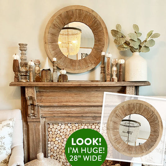 HUGE Vintage Inspired Distressed Wood Round Mirror General ABH