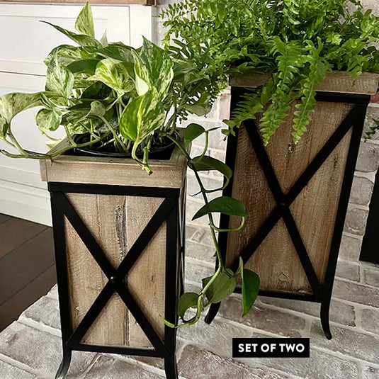 Tall Crisscross Wood and Metal Planters, Set of 2 General ABH