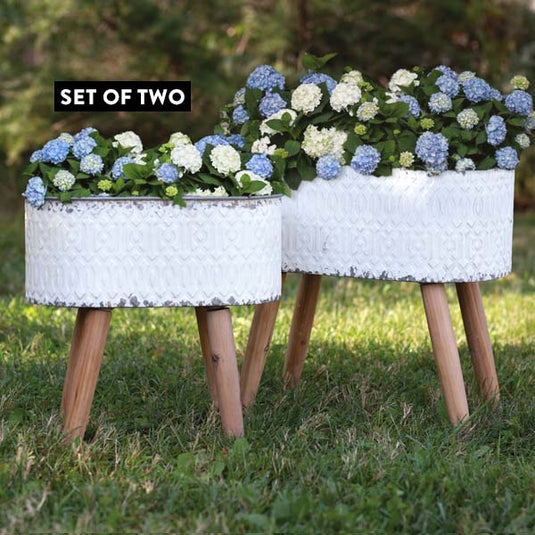 Embossed Metal Planters with Wood Legs, Set of 2 Whats trending CT