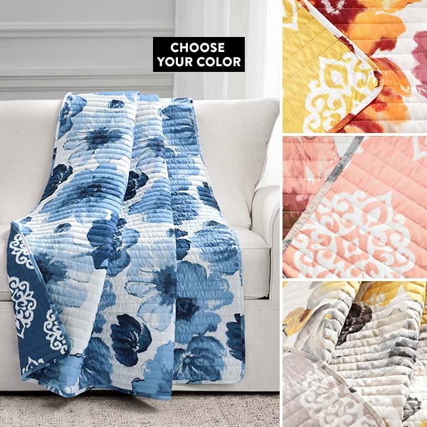 Reversible Floral and Damask Throw Blanket, Pick Your Color General THF