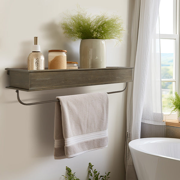 Rustic Metal Trough Shelf with Towel Bar General RH