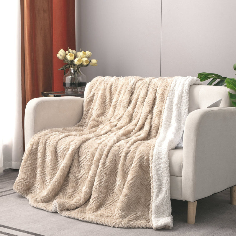 Load image into Gallery viewer, Champagne Ivory Faux Fur Throw Blanket - Dreamy Gold Geometric Embossed Sherpa Backside - Super Soft Warm Cozy Plush Fluffy Collective DaDalogy Bedding Collection
