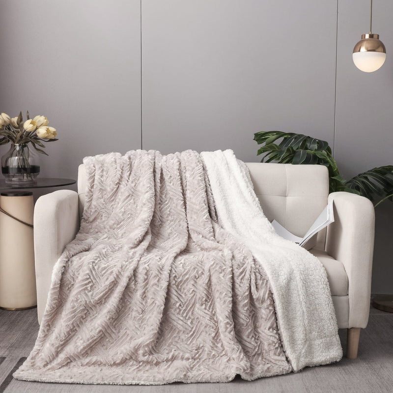 Load image into Gallery viewer, Lavender Grey Faux Fur Throw Blanket - Dreamy Geometric Embossed Sherpa Backside - Super Soft Warm Cozy Plush Fluffy Collective DaDalogy Bedding Collection
