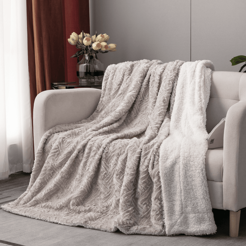 Load image into Gallery viewer, Lavender Grey Faux Fur Throw Blanket - Dreamy Geometric Embossed Sherpa Backside - Super Soft Warm Cozy Plush Fluffy Collective DaDalogy Bedding Collection
