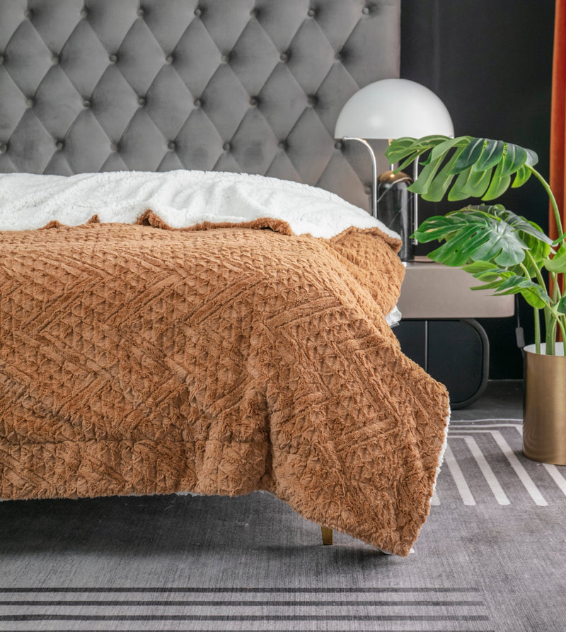 Load image into Gallery viewer, Caramel Brown Faux Fur Throw Blanket Chevron Geometric Embossed Gift Tache Home Fashion
