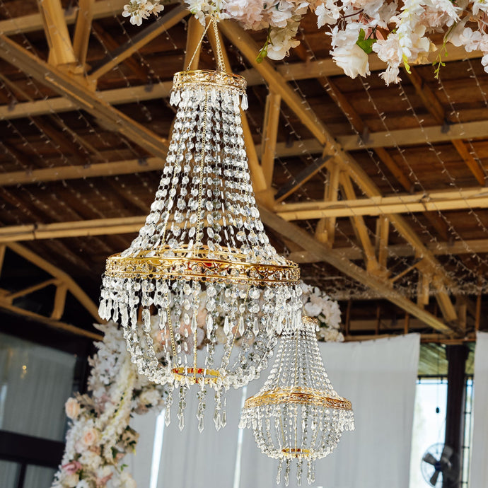 5ft Empire Style Beaded Crystal Chandelier with Gold Ornate Metal Frame, Adjustable Hanging Farmhouse Pendant Ceiling Lighting Centerpieces HIER_9900