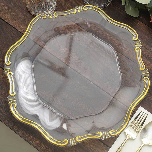 6-Pack Acrylic Plastic Hexagon Charger Plates 13" in Clear with Gold Baroque Scalloped Rim, Exquisite Dinner Serving Plates Decorative Chargers HIER_4610 Default Title