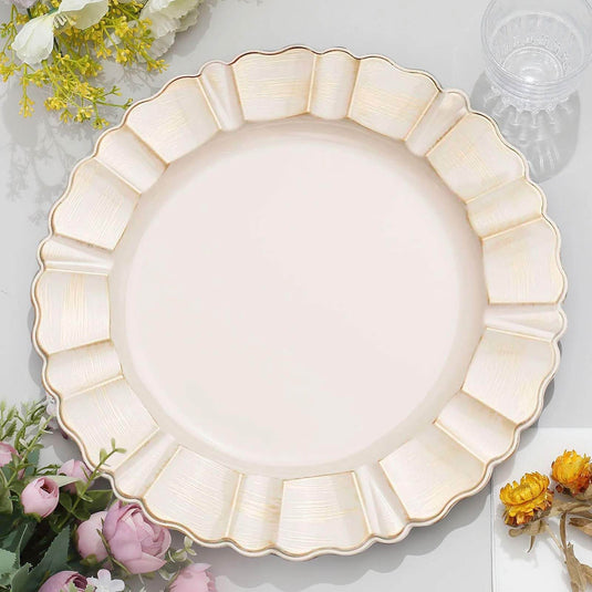 6-Pack Acrylic Plastic Round Charger Plates 13" in Beige with Gold Brushed Wavy Scalloped Rim, Decorative Dinner Party Charger Tableware Decorative Chargers HIER_4610 Default Title