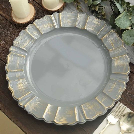 6-Pack Acrylic Plastic Round Charger Plates 13" in Charcoal Gray with Gold Brushed Wavy Scalloped Rim, Decorative Dinner Party Charger Tableware Decorative Chargers HIER_4610 Default Title