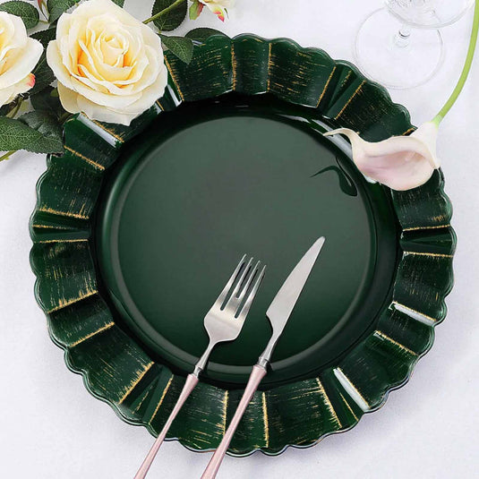 6-Pack Acrylic Plastic Round Charger Plates 13" in Hunter Emerald Green with Gold Brushed Wavy Scalloped Rim, Decorative Dinner Party Charger Tableware Decorative Chargers PROstorez Default Title