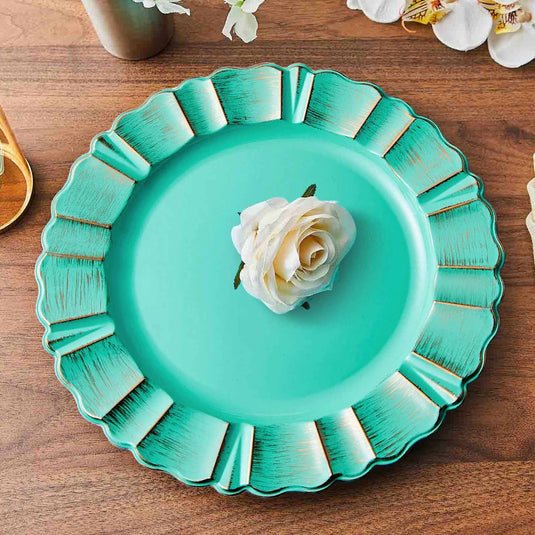 6-Pack Acrylic Plastic Round Charger Plates 13" in Turquoise with Gold Brushed Wavy Scalloped Rim, Decorative Dinner Party Charger Tableware Decorative Chargers PROstorez Default Title