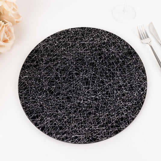 6-Pack Acrylic Round Charger Plates 13" in Black with Silver Glitter Abstract Lines Pattern, Decorative Dinner Party Charger Tableware Decorative Chargers HIER_4610