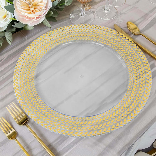 6-Pack Acrylic Round Charger Plates 13" in Clear with Gold Wheat Pattern Rim, Stylish Dinner Party Charger Tableware Decorative Chargers HIER_4610