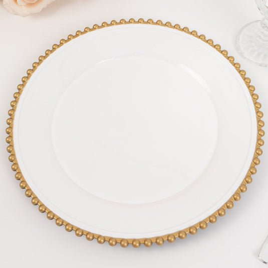 6-Pack Acrylic Round Charger Plates 13" in White with Gold Beaded Rim, Decorative Dinner Party Charger Tableware Decorative Chargers HIER_4610