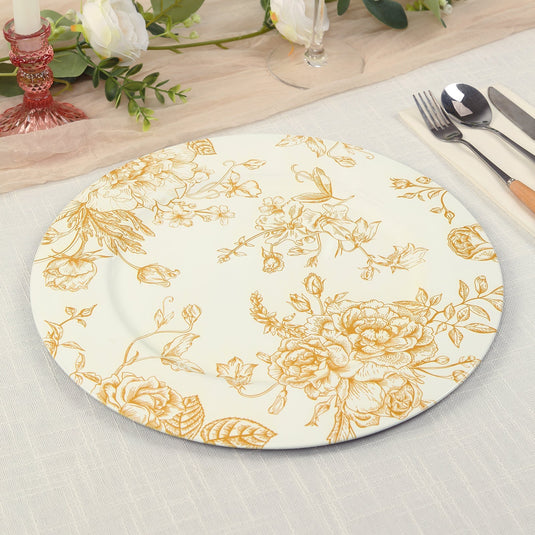 6-Pack Acrylic Round Charger Plates 13" in White with Gold Floral French Toile Pattern, Decorative Dinner Party Charger Tableware Decorative Chargers HIER_4610