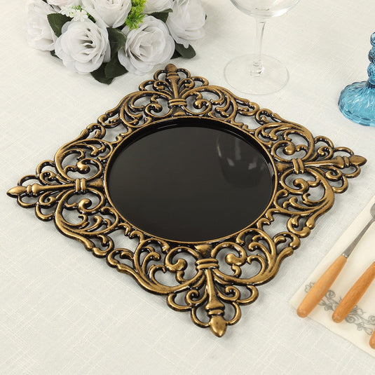 6-Pack Acrylic Square Charger Plates 12" in Black with Antique Gold Hollow Lace Border, Event Tabletop Decorative Charger Tableware Decorative Chargers HIER_4610