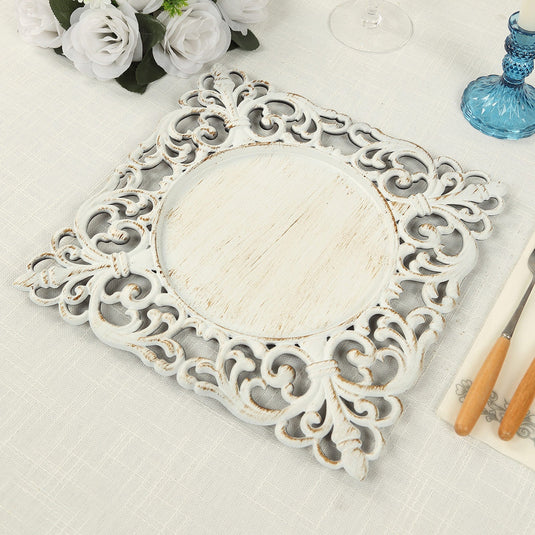 6-Pack Acrylic Square Charger Plates 12" Whitewashed with Hollow Lace Border, Event Tabletop Decorative Charger Tableware Decorative Chargers HIER_4610