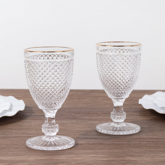 6-Pack Vintage Wine Glasses with Gold Rim and Embossed Diamond Pattern Clear - Crystal 8oz Short Stem Goblets for Cocktails 6