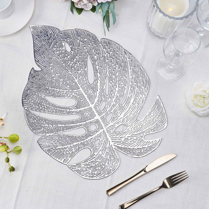 6-Pack Dining Table Mats Monstera Leaf Design Silver - Vinyl Non-Slip Surface for Tropical Themes 18